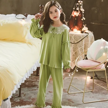 BINIDUCKLING Vaikų Mergaičių naktiniai marškiniai, pižamos Nustatyti 2020 m. Rudens-Pavasario Vaikai Sleepwear Nėrinių Siuvinėjimas Kaklo Medvilnės Pižamos Mergaitėms, Vaikams