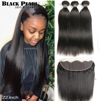 Black Pearl Brazilijos Tiesūs Plaukai, Nėriniai Priekinio Uždarymo Su Ryšulių Ne Remy Human Hair Su Priekinės 3 Ryšulius Su Priekinės