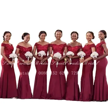 Blizga Blizgučiai Appliques Bordo Bridesmaid Dresses Undinė 2021 Ilgai Off Peties Afrikos Moterų Oficialų Vestuvės Dress