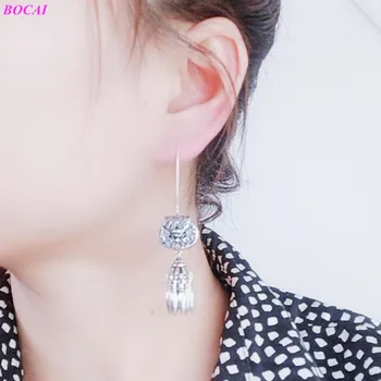 BOCAI S925 sterlingas sidabro ausų lašas retro Tailando sidabro mados tuščiaviduriai maišelį su Kutas temperamento moteris 925 Sidabro Auskarai
