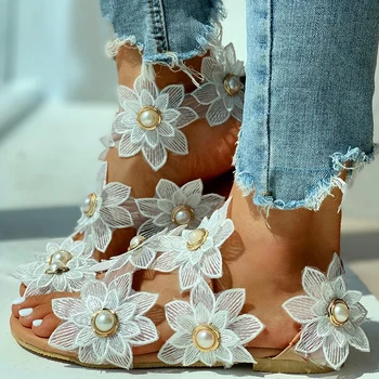 Bohemijos Sandalai Moterims Vasaros Avalynės Mados Atsitiktinis Gėlių Pearl Butas Sandalai Tne Žiedas Paplūdimio Bateliai, Avalynė Zapatos De Mujer
