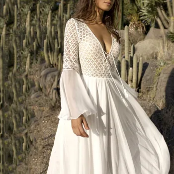Boho Vestuvių Suknelė 2021 V Kaklo Bžūp Rankovėmis Nėrinių Paplūdimio Vestuvių Suknelė Pigūs Backless Užsakymą-Line Nuotakos Suknelės