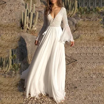 Boho Vestuvių Suknelė 2021 V Kaklo Bžūp Rankovėmis Nėrinių Paplūdimio Vestuvių Suknelė Pigūs Backless Užsakymą-Line Nuotakos Suknelės