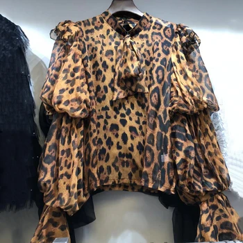CHICEVER Derliaus Leopardas Spausdinti Šifono Palaidinė Moterims Nėrinių Sluoksniuotos ilgomis Rankovėmis korėjos Marškinėliai Topai Moterų Mados 2020 M. Rudenį Naujų