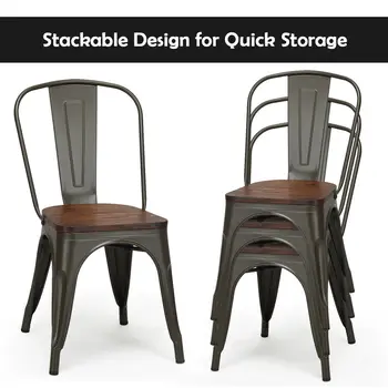 Costway Rinkinys 4 Stilius Metalo Valgomasis Pusėje Kėdė Medienos Sėdynės Didina Bistro Kavinė
