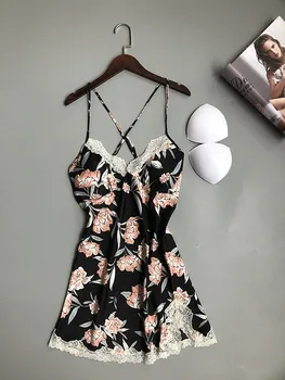 Daeyard Šilko Pižamą 2019 M. Vasarą nauju Moterų Nightdress Rankovių Gėlių Spausdinti Namo Suknelė su Sexy Nėrinių Backless Marškinėliai Sleepwear