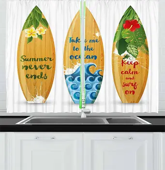 Derliaus Havajuose, Virtuvės Užuolaidos, Medinės Banglentės su Žodžiais Apie Vasaros Vandenynas ir Baseinas Gėlių Dizainas Lango Užuolaida