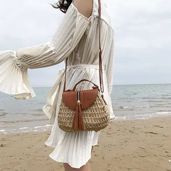 Derliaus kutas balno rotango moterų shouder crossbody krepšiai dizaineris wikcer austos rankinės ponios atsitiktinis vasaros paplūdimio šiaudų piniginės