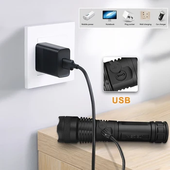 Didelės galios led žibintuvėlis XHP50.2 XHP50 flash šviesos LED žibintuvėlis 18650 26650 Zoom USB Taktinis žibintuvėlis Įkraunamas vertus žibintų