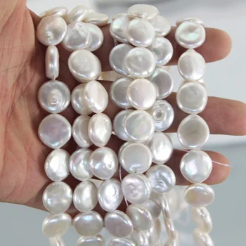 Didmeninė 5 Vijų/Pak Balta Gamtos Kultūringas Gėlavandenių Perlų Karoliukus Mygtuką Monetos kaip 14mm Apvalus Tortas tinka Necklacce 