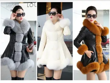 Dirbtiniais Fox Fur Susiuvimo Aukštos kokybės PU Odos, Kailio Striukė Kailio Apykaklė, Rankovės Apačia Outwear Casaco Feminino Inverno Labai Šiltas