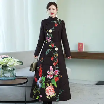 Drabužių 2020 m. Rudens Žiemos Moterų Retro Stiliaus Kinijos Žemyn Kamšalu Kailis Ilgas, Over-the-knee Etninės Spausdinti Parko Paltai Striukės y184