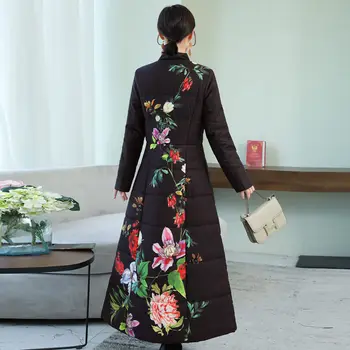 Drabužių 2020 m. Rudens Žiemos Moterų Retro Stiliaus Kinijos Žemyn Kamšalu Kailis Ilgas, Over-the-knee Etninės Spausdinti Parko Paltai Striukės y184