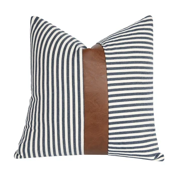 Dryžuotas pagalvės dangtelis su dirbtiniais odos accent/ prisiūta pasirinkite kolekcija/Modren Atrodo Dekoratyvinis Troba Pagalvėlė Padengti