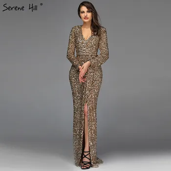 Dubajaus Prabanga Aukso ilgomis Rankovėmis Vėliau Vakare Gown Dizaino 2020 Duobute Blizgučiais Vakare Gown Realios Foto BLA60769