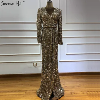 Dubajaus Prabanga Aukso ilgomis Rankovėmis Vėliau Vakare Gown Dizaino 2020 Duobute Blizgučiais Vakare Gown Realios Foto BLA60769