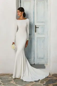 Elegantiška Balta Dėmė Undinė Vestuvių Suknelės Ilgomis Rankovėmis Nuotakos Suknelė Vestido De Noiva Valymo/ Šepetys Traukinio Vestuvių Suknelė