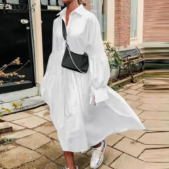 Elegantiškas Moteris Sundress Baltos spalvos Ilgi Marškinėliai-Suknelė 2021 ZANZEA Atsitiktinis Atvartas Kaklo Ilgio Sluoksniuotos Rankovėmis Šalies Vestidos Rudenį Raukiniai Suknelė