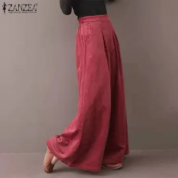 Elegantiškas Moterų Pločio Kojų Kelnės ZANZEA 2021 Velvetas Kelnės Aukštos Elastinga Juosmens Ilgai Pantalon Palazzo Atsitiktinis Negabaritinių Ropė