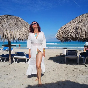 Elegantiškas Tunika Moterims Vasaros Mados Long Beach Suknelė Seksualus Kratinys Trumpas Rankovės Priekiniai Atidaryti Baltos Medvilnės Suknelė, Chalatas De Plage N561
