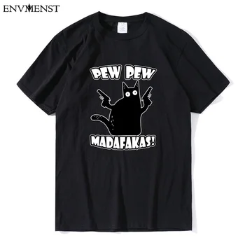 Envmenst marškinėliai Katė Pew Pew Madafakas Mens Funny Cat Grafinis vyriški Medvilniniai Įgulos Kaklo trumpomis Rankovėmis T-Shirt Atsitiktinis Spausdinti Viršūnės