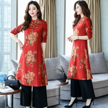Etninės moteriški drabužiai nuo 2018 m. rudenį naujų lieknėjimo retro pagerėjo cheongsam suknelė kelnės set-dviejų dalių kostiumėlį