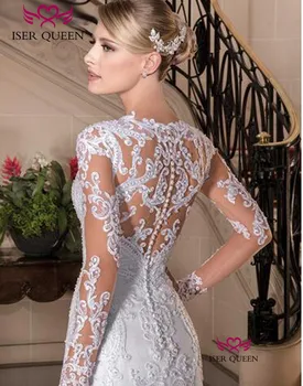 Europoje Naujų Mados Užsakymą ilgomis Rankovėmis Iliuzija Nėriniai Siuvinėjimo Undinė vestuvių Suknelė 2020 Vaiskiai Balta Vestuvių Suknelės W0149