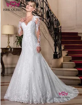 Europoje Naujų Mados Užsakymą ilgomis Rankovėmis Iliuzija Nėriniai Siuvinėjimo Undinė vestuvių Suknelė 2020 Vaiskiai Balta Vestuvių Suknelės W0149
