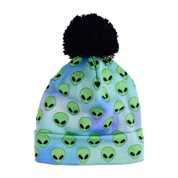 FCCEXIO 2019 Nauja Rudens ir Žiemos Moterys 3D Atspausdintas Svetimų Žalia Šiltas Pompon Skrybėlę Beanies Unikalia Spalvinga Graži Megzta kepurė