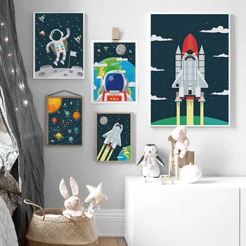 Galaxy Žemės Erdvėlaivio Astronautas Baby Vaikų Darželio Sienos Meno Tapybos Drobės Šiaurės Plakatai Ir Spausdina Nuotraukas, Namų Projektavimas Vaikai