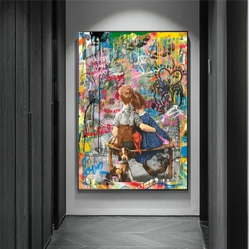 Gatvės Grafiti Meno Tapybos ant Drobės Spalvinga Berniukas, Mergaitė, Plakatų ir grafikos Pop Art Sienos Nuotrauka už Kambarį Namų Dekoro
