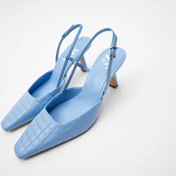 GENSHUO Seksualus moteriški Bateliai Mėlynos spalvos Sagtis Dirželis PU Odos Aukštakulnius Aikštėje Kojų Ploni Kulniukai Vieną Batai Zapatos Femme Mujer Siurbliai