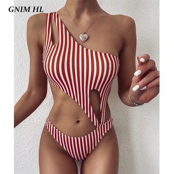 GNIM Juostele Bikini maudymosi Kostiumėliai Moterims 2020 M Sexy Tuščiaviduriai Iš Plaukti Maudymosi Kostiumą Vieną Petį Brazilijos maudymosi kostiumėlis Moterims, Vienas Gabalas Biquini