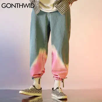 GONTHWID Kaklaraištis Dažų Spalvos Bloką Poilsiu Haremas Krovinių Džinsinio Džinsus Streetwear Mens Hip-Hop Harajuku Atsitiktinis Baggy Jeans Kelnės Kelnės