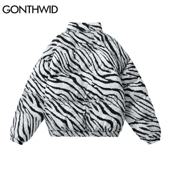 GONTHWID Storas Šiltas Striukes Streetwear Hip-Hop Atsitiktinis Medvilnė Paminkštinimas Zebra Juostele Užtrauktukas Parko Paltai Žiemos Harajuku Viršūnes Outwear