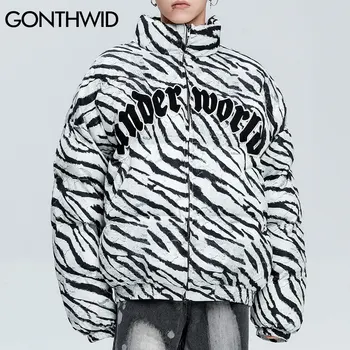 GONTHWID Storas Šiltas Striukes Streetwear Hip-Hop Atsitiktinis Medvilnė Paminkštinimas Zebra Juostele Užtrauktukas Parko Paltai Žiemos Harajuku Viršūnes Outwear