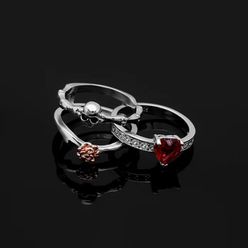 Gotikos Kaukolė Piršto Sidabro Spalvos vestuvinių žiedų rinkinys Moterims Mergina Red Heart Crystal CZ Rožių Gėlių Madinga Papuošalai Dovana žiedus