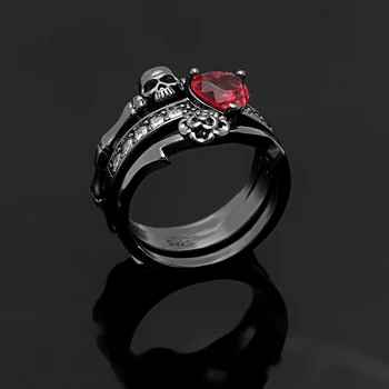 Gotikos Kaukolė Piršto Sidabro Spalvos vestuvinių žiedų rinkinys Moterims Mergina Red Heart Crystal CZ Rožių Gėlių Madinga Papuošalai Dovana žiedus