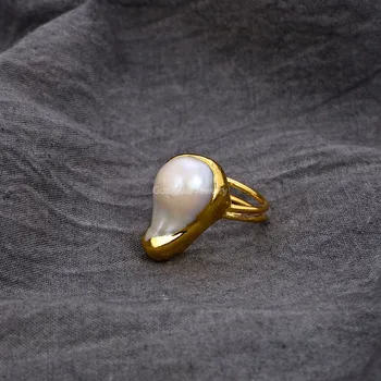 GuaiGuai Papuošalai Balta Keshi Perlų Geltonos Aukso Spalvos Žiedas, Padengtą