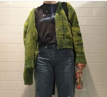 Harajuku Fuzzy Žalia Skara Megztinis Su Priekyje Mygtuką Moterų Apkarpytos Cardigan Megztinis