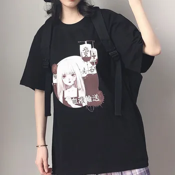 Harajuku Streetwear Moterys T Marškiniai Minkšta Mergina Juoda Komiksų Vasaros Kawaii Viršūnes Drabužius Femme 2020 Korėjos Goth Atsitiktinis Balti Marškiniai