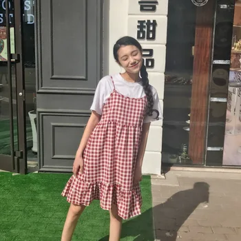 Harajuku Vasaros suknelė naują ponios korėjos studentų saldus suspender suknelė prarasti susiėmę rankovių pledas femela moterų suknelė
