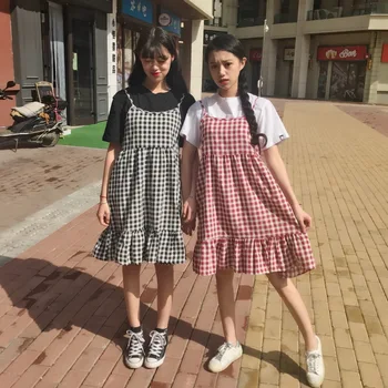 Harajuku Vasaros suknelė naują ponios korėjos studentų saldus suspender suknelė prarasti susiėmę rankovių pledas femela moterų suknelė