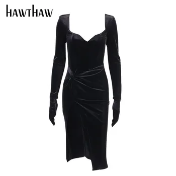 Hawthaw Moteris Rudens-Žiemos Ilgos Rankovės Aikštėje Apykaklės Slim Black Šalies Atviros Šakių Splitas Suknelė 2020 M. Rudenį Drabužių Streetwear