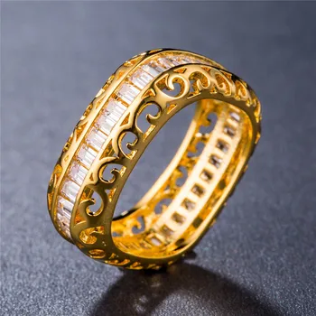 HUITAN Perdėtos Prabangos Moterų Žiedas Nikeliuotas, Geltona Aukso spalva Tuščiaviduriai iš Cirkonis Žiedas Vestuvės Dydis 6-10