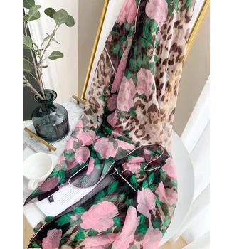 Ilgai Šilko Skara Gėlių & Leopard Print Mados Šalikai Apsiaustas Moterims Moteriški Pavasario Skara Foulard 190x110cm