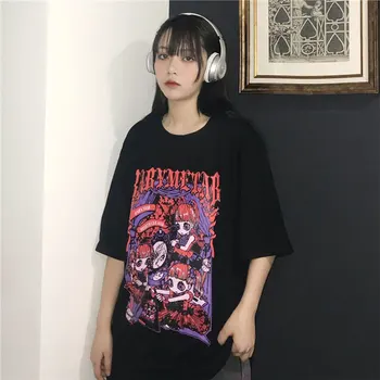 InsDoit Harajuku Derliaus Lolita Black Print T Shirt Gothic Punk O Kaklo Trumpomis Rankovėmis Marškinėlius Moterims Streetwear Atsitiktinis Negabaritinių Viršų