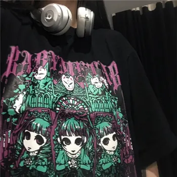 InsDoit Harajuku Derliaus Lolita Black Print T Shirt Gothic Punk O Kaklo Trumpomis Rankovėmis Marškinėlius Moterims Streetwear Atsitiktinis Negabaritinių Viršų