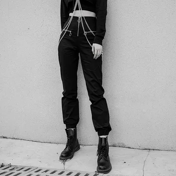 InsGoth Harajuku Užtrauktukas Gotikos Kelnes Rudenį Moterys Streetwear Atsitiktinis Aukšto Juosmens Haremo Kelnės Grandinės Juoda Hip-Hop Lady Ilgų Kelnių
