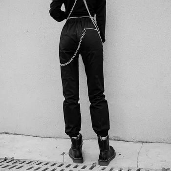 InsGoth Harajuku Užtrauktukas Gotikos Kelnes Rudenį Moterys Streetwear Atsitiktinis Aukšto Juosmens Haremo Kelnės Grandinės Juoda Hip-Hop Lady Ilgų Kelnių